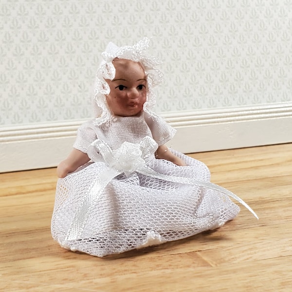 Dollhouse Baby Doll in Long White Gown with Lace Porcelain 1:12 Scale Miniature