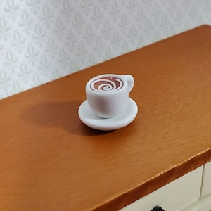 Dollhouse Coffee with Cream Large White Ceramic with Saucer 1:12 Scale Miniature Food