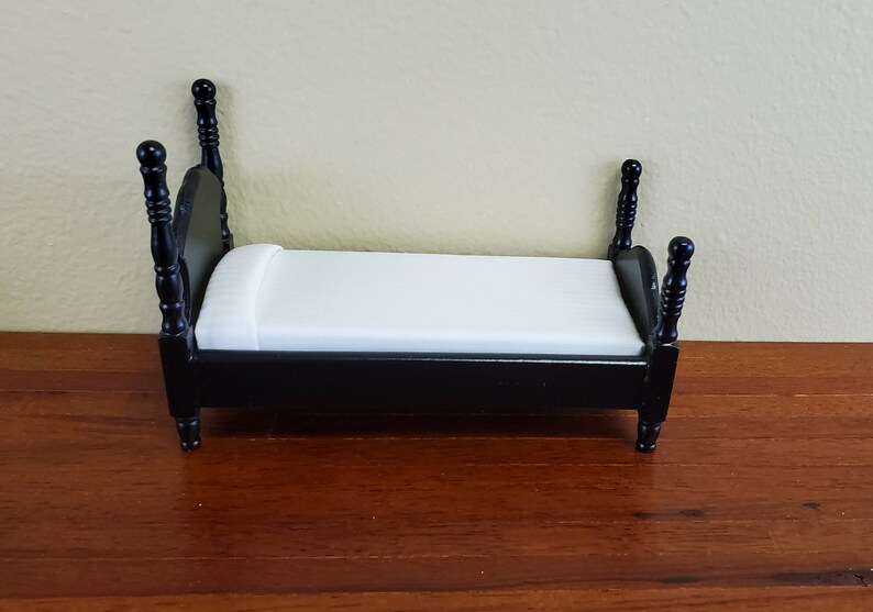 Dollhouse Miniature Black Bed with White Mattress Pillow Small Childs 1:12 Scale Furniture
