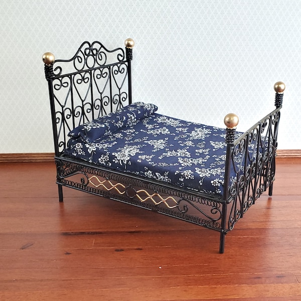 Dollhouse Bed Black Metal Wire with Mattress Mattress Queen Size 1:12 Scale Furniture