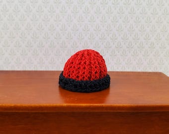 Dollhouse Crocheted Beanie Cap Hat Red and Black Wearable 1:12 Scale Miniature