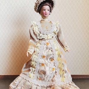 Dollhouse Miniature Victorian Doll Porcelain Fancy Lace Dress and Hat 1:12 Scale