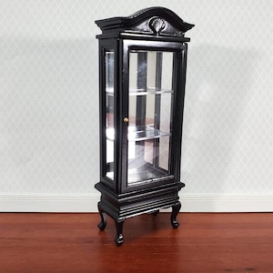 Dollhouse Curio Cabinet Mirrored Back Hutch Black Finish 1:12 Scale Miniature Furniture