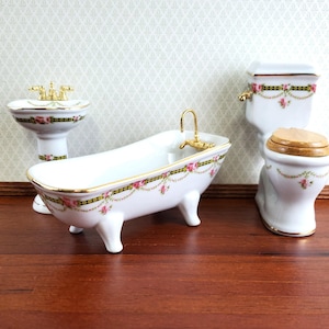 Reutter Porcelain Dollhouse Bathroom Set Victorian Rose 1:12 Scale Tub Sink ++