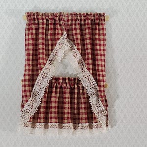 Dollhouse Kitchen Cafe Curtains Red Checked with Lace and Curtain Rod 1:12 Scale