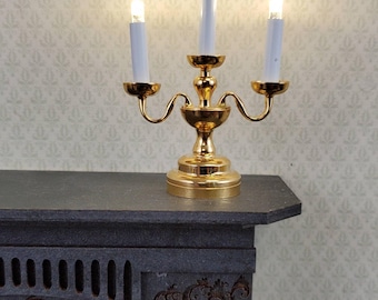 Dollhouse Miniature Battery Light Candelabra 3 Arm Gold 1:12 Scale Lamp