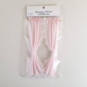 Dollhouse Miniature Curtains Pink with Lace & Curtain Rod 1:12 Scale Handmade