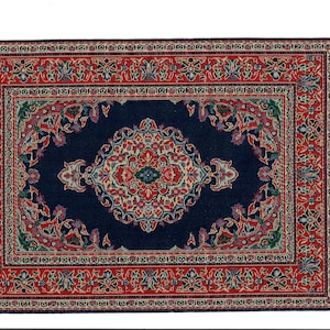 Dollhouse Rug Woven Fabric Large Blue Red Gold 9 1/4&quot; x 5 7/8&quot; 1:12 Scale