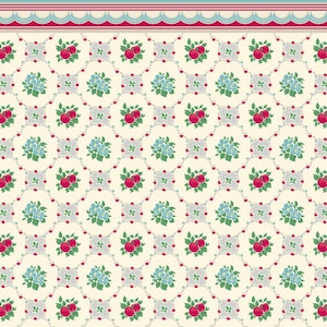 May include: A repeating pattern featuring red berries and blue flowers on a cream background. The design is framed by a decorative border with a scalloped edge and stripes in red and blue.