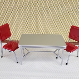 Dollhouse Kitchen Table 1950s Style with 2 Red Chairs 1:12 Scale Miniature Furniture