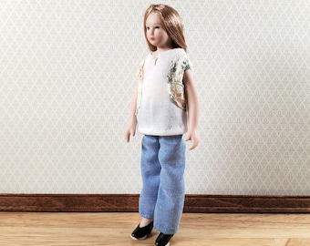 Dollhouse Modern Woman Doll Mom in Jeans Porcelain Poseable 1:12 Scale