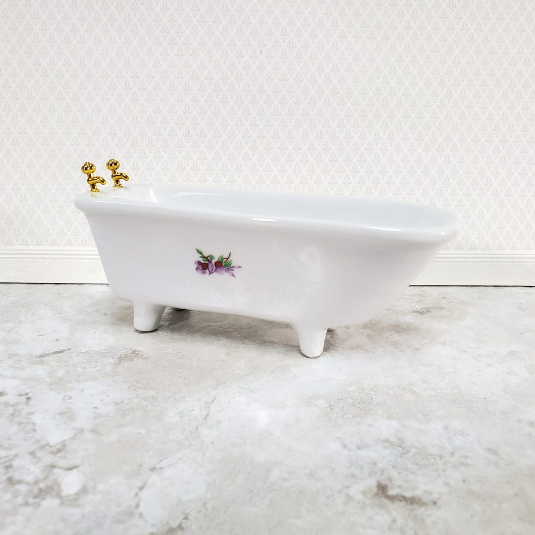 Dollhouse Bathtub White Ceramic With Purple Flowers 112 Scale Bathroom