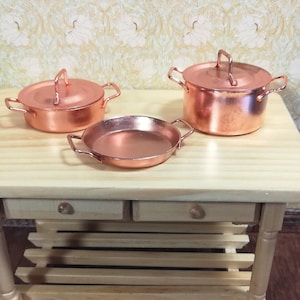 Dollhouse Copper Pots & Pans Stock Soup Saute Removable Lids 1:12 Scale