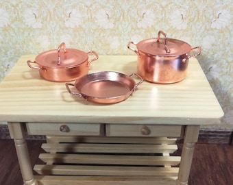 Dollhouse Copper Pots & Pans Stock Soup Saute Removable Lids 1:12 Scale
