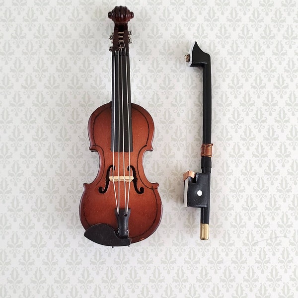 Miniature Violin and Bow Wood 2 7/8" Dollhouse Tiny Instrument Music Room