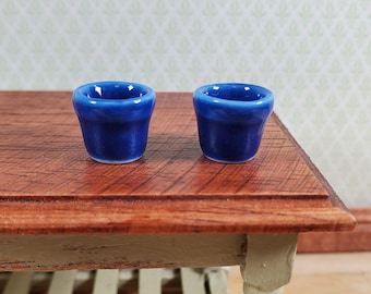 Dollhouse Planters Garden Pots Deep Blue Set of 2 Small Ceramic Miniatures