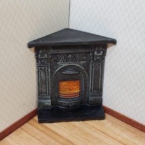 Dollhouse Corner Fireplace with Fire Black Resin 1:12 Scale Miniature Furniture