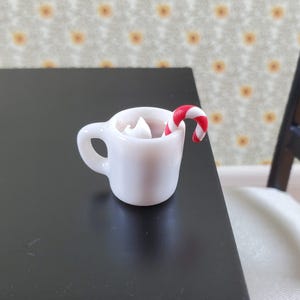 Dollhouse Hot Cocoa Mug with Candy Cane and Whip Cream 1:12 Scale Miniature Food