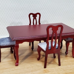 Dollhouse Dining Room Table and 4 Chairs Mahogany Finish 1:12 Scale Miniature Furniture