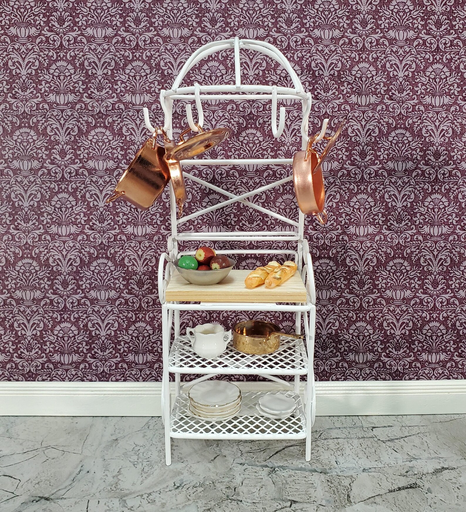 Dollhouse Metal Kitchen Rack With Shelves Pan Hooks White 1:12 Scale ...