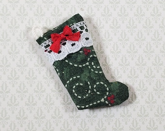 Dollhouse Christmas Stocking Green with Red Bow Handmade 1:12 Scale Miniature