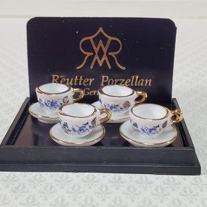 Dollhouse Tea or Coffee Cups Mugs Set of 4 w/ Saucers Reutter Porcelain 1:12