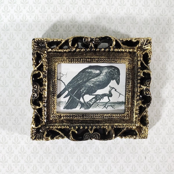 Miniature Vintage Raven Woodcut Framed Print 1:12 Scale Halloween Haunted House