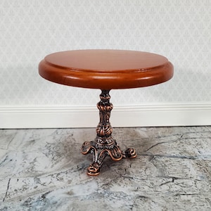 Dollhouse Accent Table with Metal Base Walnut Top Small Round 1:12 Scale Miniature