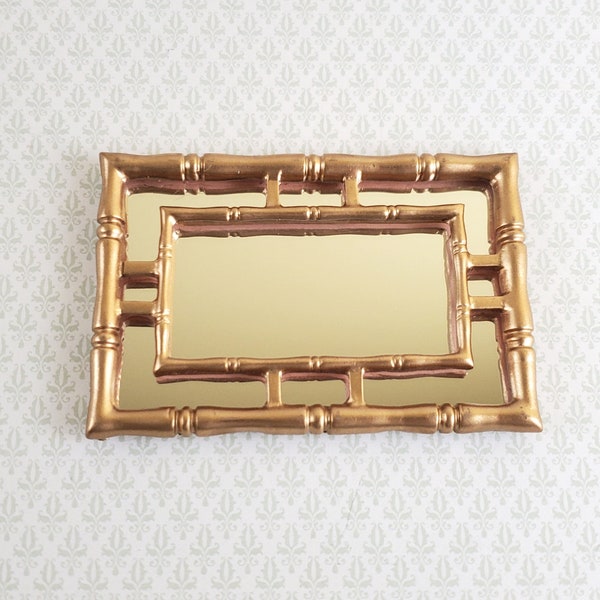 Dollhouse Mirror with Bamboo Style Gold Frame 1:12 Scale Miniature 3" x 2"