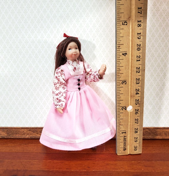 Dollhouse Miniature Girl Doll Porcelain Poseable 1:12 Scale Pink Dress 