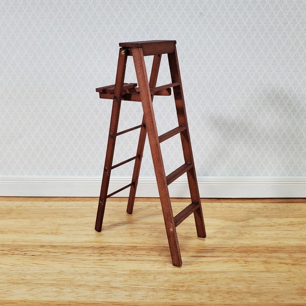 Dollhouse Step Ladder Tall Wood Folding w/Paint Shelf 5" 1:12 Scale Miniature