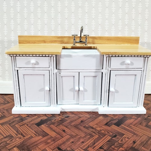 Dollhouse Miniature Kitchen Counter in Oak with a White Sink 