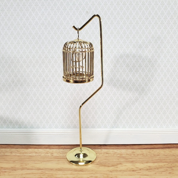 Dollhouse Tall Birdcage with Stand Brass Gold Metal with White Bird 1:12 Scale Miniature