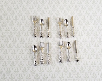 Dollhouse Miniature Silver Flatware Silverware Fancy Set 4 Place Settings 1:12 Scale
