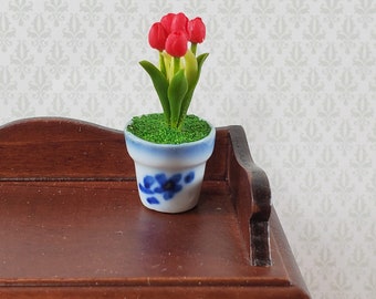 Dollhouse Red Tulips in Blue and White Ceramic Pot 1:12 Scale Miniature Plant