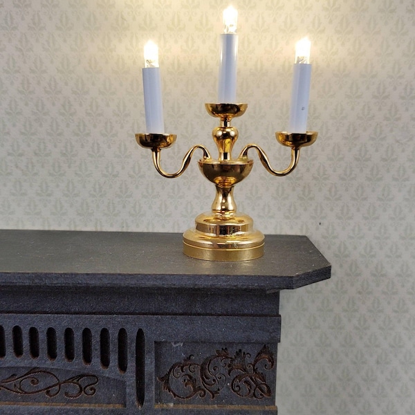 Dollhouse Miniature Battery Light Candelabra 3 Arm Gold 1:12 Scale Lamp