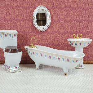 Dollhouse Miniature Bathroom Set White Gold Rose Violet Porcelain Tub Toilet Sink 1:12 Scale