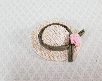 Dollhouse Straw Sun Hat with Pink Flower Wearable 1:12 Scale Miniature