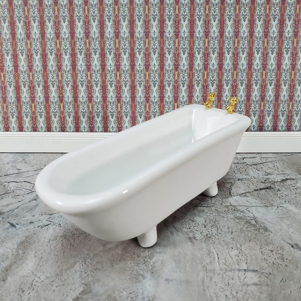 Dollhouse Bathtub Gold Faucets White Ceramic 1:12 Scale Miniature Bathroom Tub