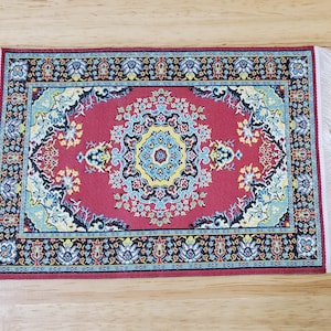 Dollhouse Rug with Fringe Maroon Blue & Gold 6&quot; x 4&quot; Woven Fabric 1:12 Scale Miniature