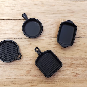 Dollhouse HALF SCALE Pots and Pans Modern Style Black Small 1:24 4 Pieces