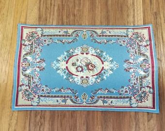 Dollhouse Miniature Rug Blue & Maroon Victorian 6 3/8" x 4" 1:12 Scale Woven Fabric