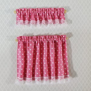 Dollhouse Curtains Nursery or Kitchen Pink with White Hearts 1:12 Scale Miniature