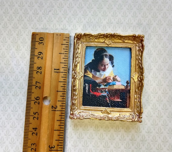 Dollhouse Miniature Painting Vermeer The Lace Maker 1:12 Scale Gold Frame