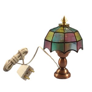 Dollhouse Light Table Lamp Stained Glass Style Bronze 1:12 Scale Miniature 12 volt Electric