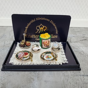 Miniature English Tea Time Set Reutter Porcelain Teacups Biscuits 1:12 Scale Dollhouse