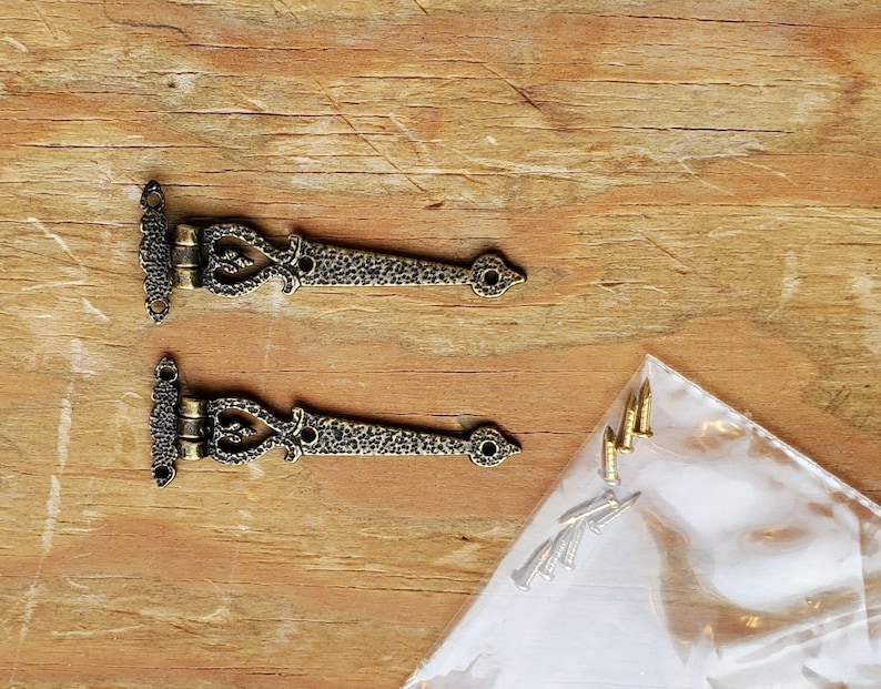 Dollhouse Miniature Hinge Large Antique Style Bronze 1:12 Scale Includes Nails image 1