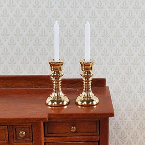Dollhouse Tall Candlestick Holders with Candles Gold Set of 2 1:12 Scale Metal