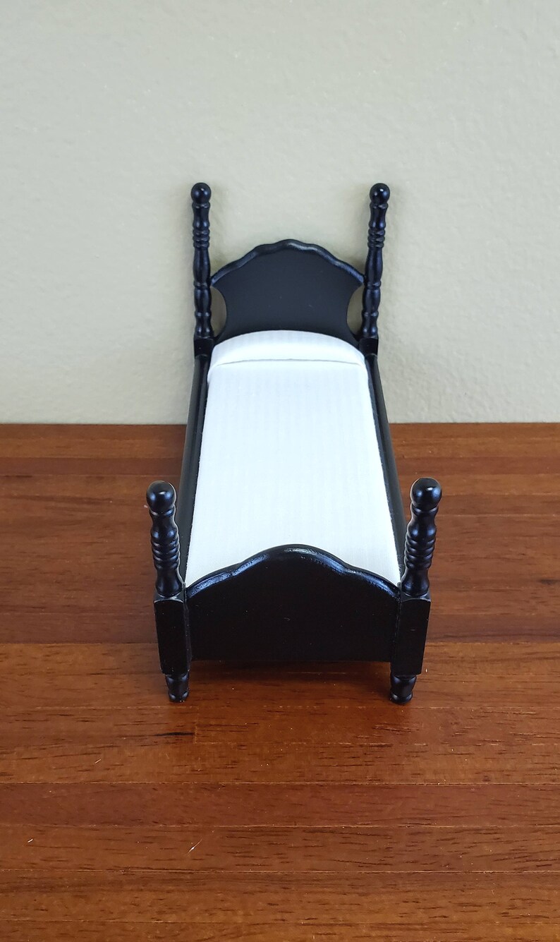 Dollhouse Miniature Black Bed with White Mattress Pillow Small Childs 1:12 Scale Furniture