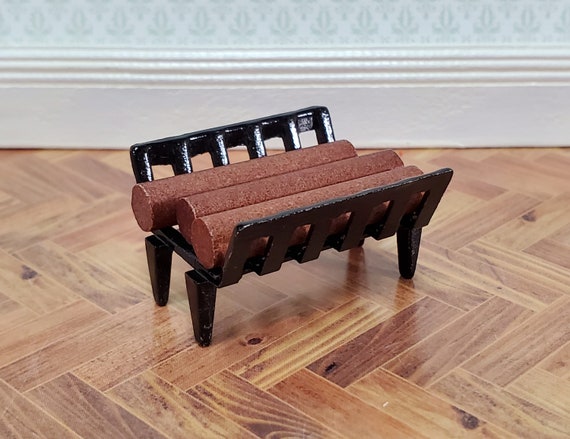 Dollhouse Fireplace Log Grate With Logs Rack Small Black Metal 1